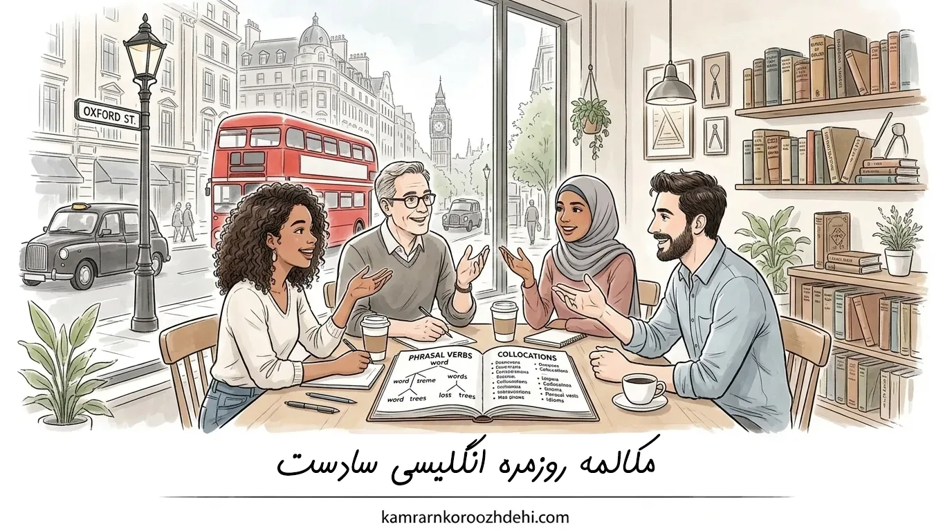 گروهی چهار نفره از دانشجویان در حال مطالعه و گفت‌وگو در یک کافه دنج با نمای خیابانی از شهر لندن در پس‌زمینه هستند. آن‌ها کتابی باز با عنوان «Phrasal Verbs» و «Collocations» روی میز دارند و در حال یادگیری یا تمرین زبان انگلیسی هستند.