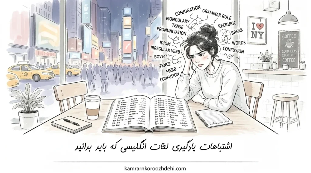 سردرگمی زبانآموز از بمباران اطلاعاتی و یادگیری لغات انگلیسی به روش اشتباه و سنتی در کافه.