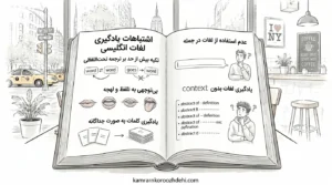 اینفوگرافیک اشتباهات یادگیری لغات انگلیسی شامل ترجمه تحت‌اللفظی، بی‌توجهی به تلفظ و یادگیری لغات بدون کانتکست (Context).