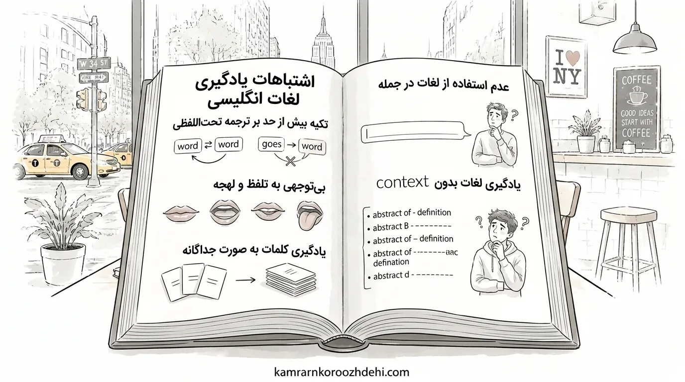 اینفوگرافیک اشتباهات یادگیری لغات انگلیسی شامل ترجمه تحت‌اللفظی، بی‌توجهی به تلفظ و یادگیری لغات بدون کانتکست (Context).