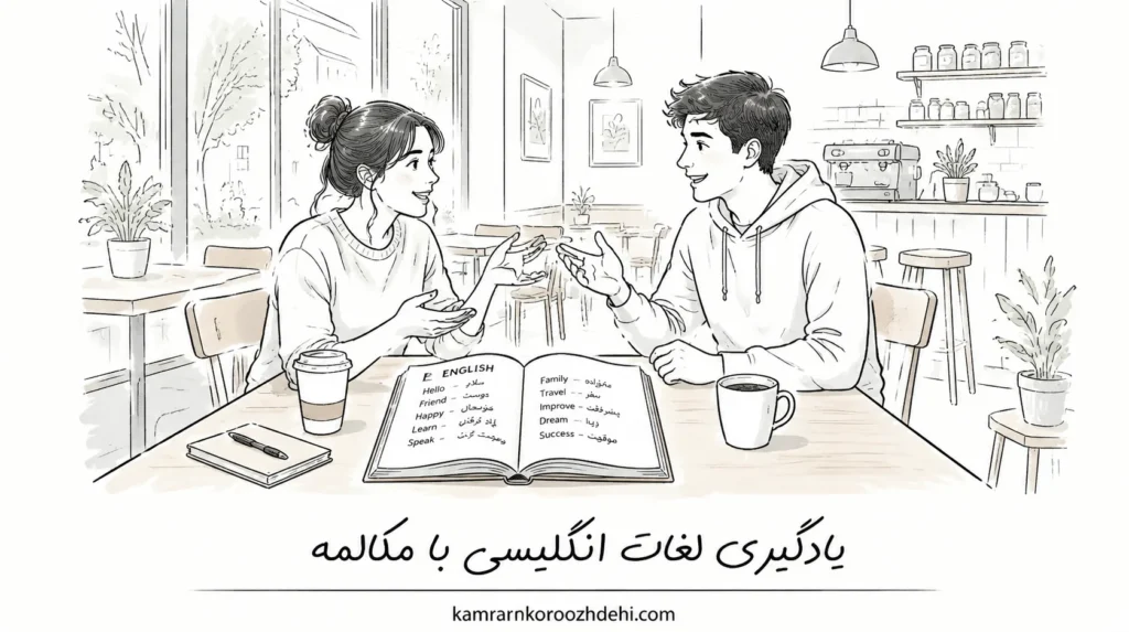 تمرین دونفره یادگیری لغات انگلیسی با مکالمه در کافه به همراه کتابچه لغات مترادف فارسی