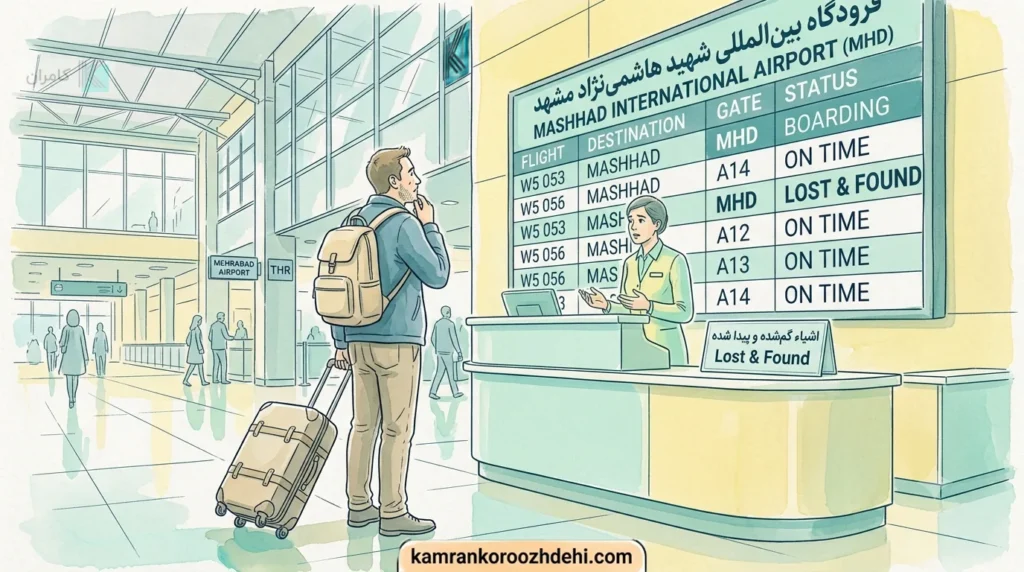 مکالمه انگلیسی در بخش اشیاء گم شده فرودگاه مشهد (Lost and Found) برای پیدا کردن چمدان