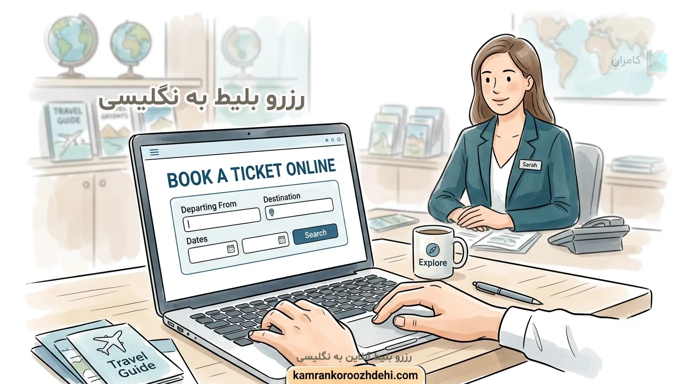 رزرو بلیط به انگلیسی به صورت آنلاین با نمایش عبارت book a ticket online و کارمند آژانس مسافرتی