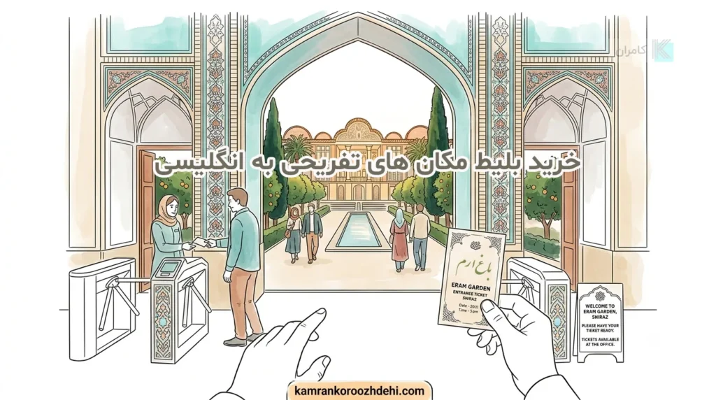 خرید بلیط موزه و جاذبه تاریخی به انگلیسی در ورودی باغ ارم شیراز