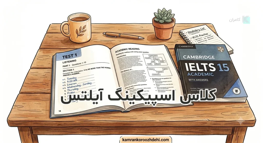 کتاب آزمون کمبریج آیلتس روی میز برای تمرین اسپیکینگ