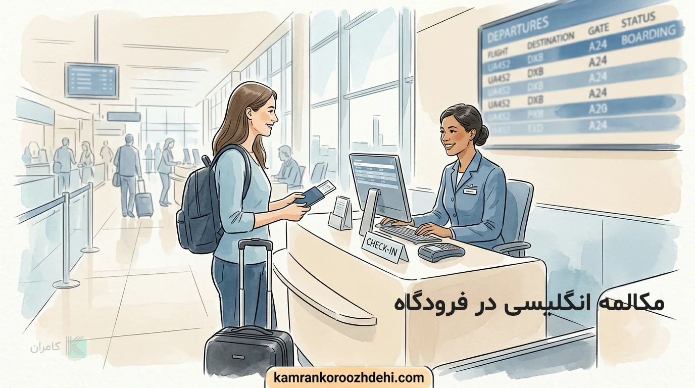 مسافر در حال تحویل مدارک و پاسپورت به مسئول پذیرش در باجه چک‌این فرودگاه برای آموزش مکالمه انگلیسی در فرودگاه.