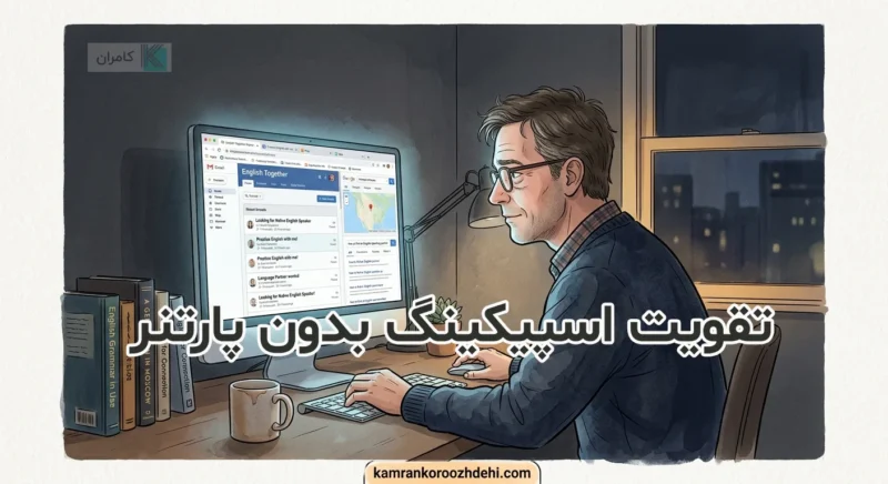مردی میانسال که شب پشت کامپیوتر دنبال پارتنر زبان می‌گردد