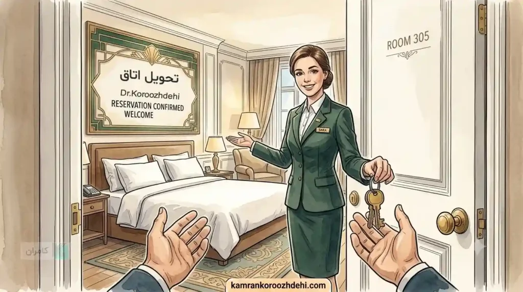 تحویل کلید اتاق هتل و آموزش اصطلاحات انگلیسی مربوط به تایید رزرواسیون