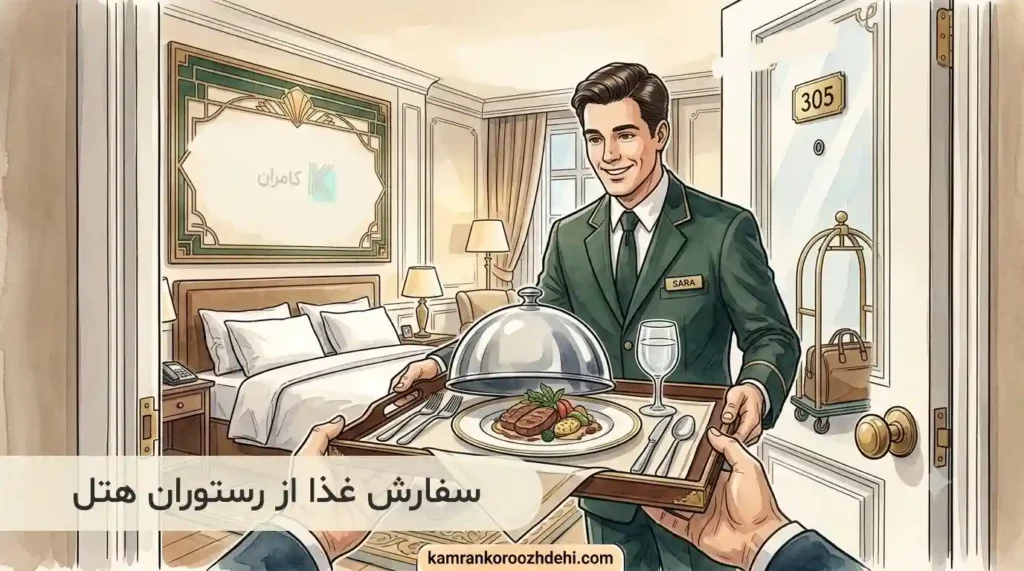 پرسنل خدمات اتاق هتل در حال تحویل سفارش غذا و آموزش مکالمات روم سرویس به انگلیسی