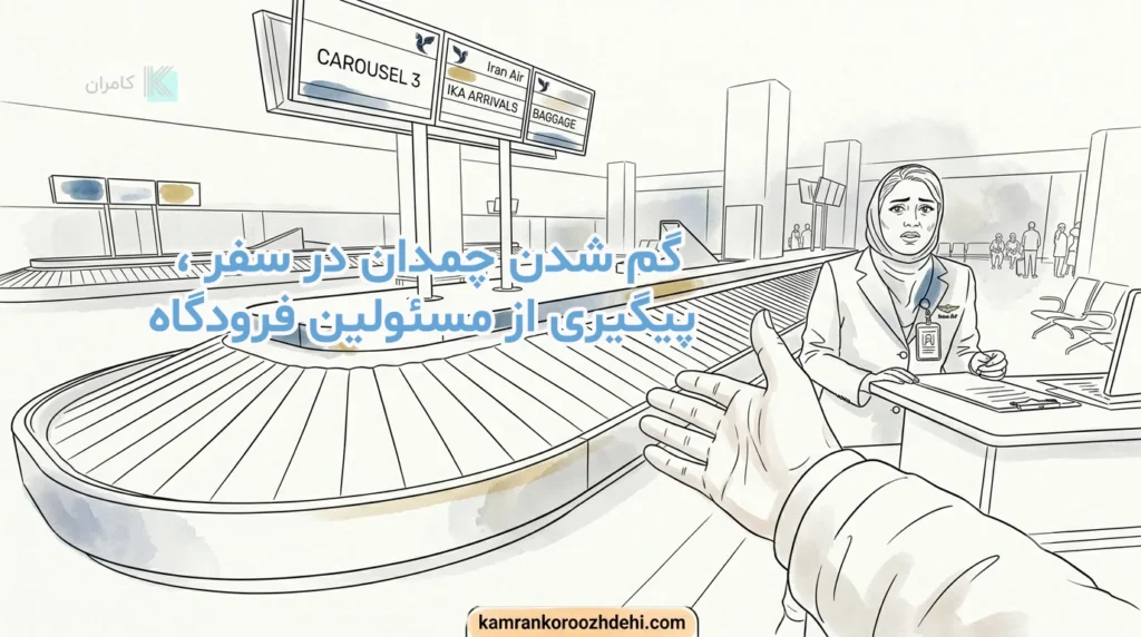 مسافر در حال گزارش گم شدن چمدان در فرودگاه امام خمینی