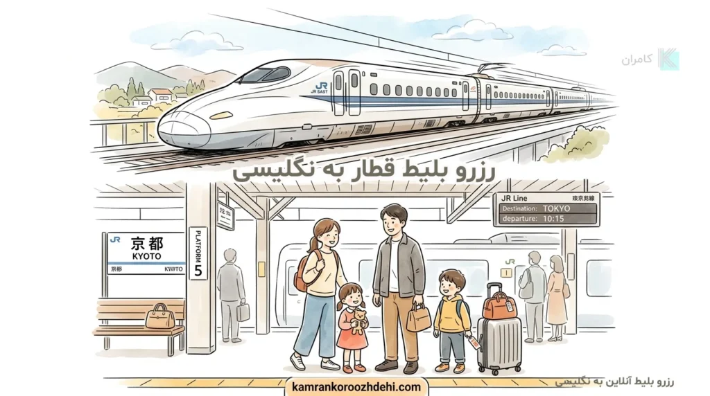 مکالمه خرید بلیط قطار به انگلیسی با قطار سریع‌السیر ژاپنی و خانواده منتظر در سکو