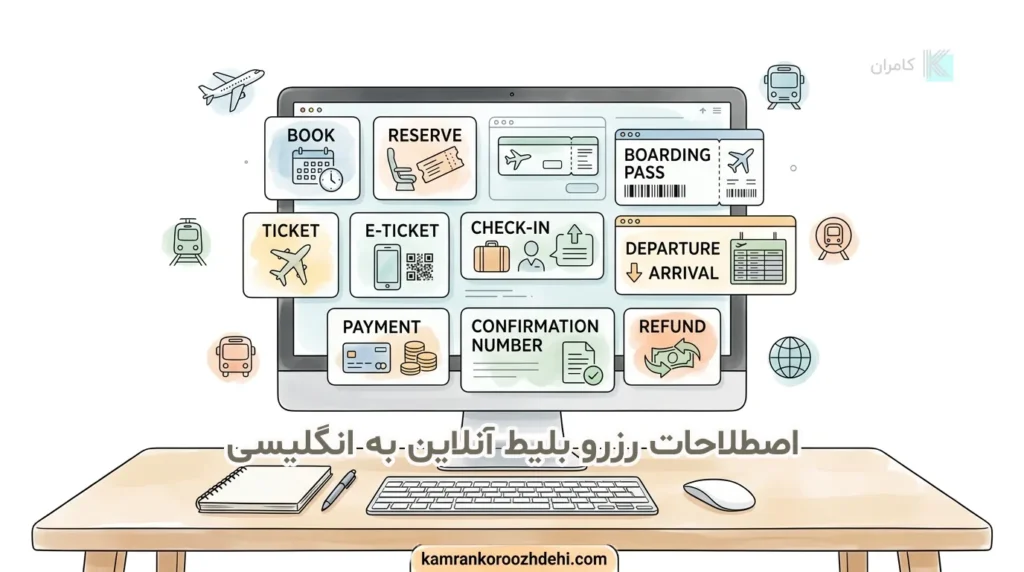 واژگان مهم خرید بلیط و رزرو آنلاین به انگلیسی در قالب یک تصویر آموزشی
