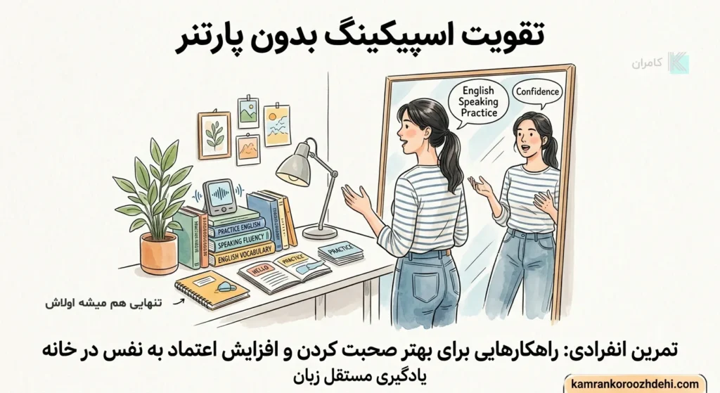 دختری که جلوی آینه در حال تمرین اسپیکینگ انگلیسی است و کتاب‌های زبان روی میز دارد