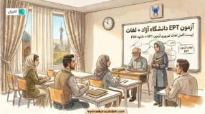 کلاس آمادگی لغات آزمون EPT دانشگاه آزاد شامل دانشجویان و استاد در حال تدریس لغات ضروری.