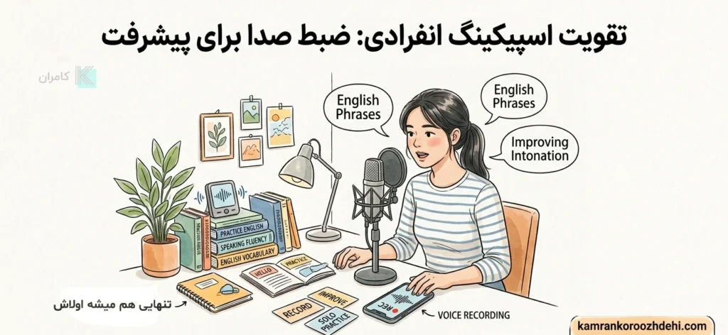 زبان‌آموزی که در حال ضبط صدای خود برای تمرین اسپیکینگ انگلیسی است