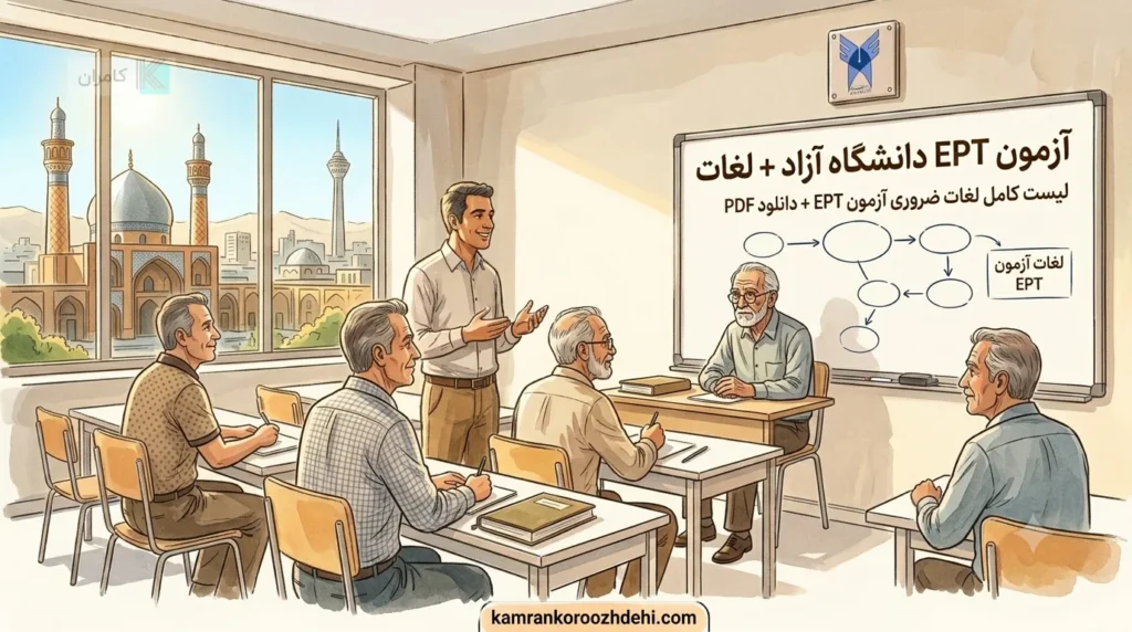 راهنمای جامع لغات آزمون EPT دانشگاه آزاد در یک محیط آکادمیک با حضور اساتید و دانشجویان.