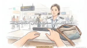 مسافر در حال گفتگو با مسئول فرودگاه برای حل مشکلات در سفر به زبان انگلیسی