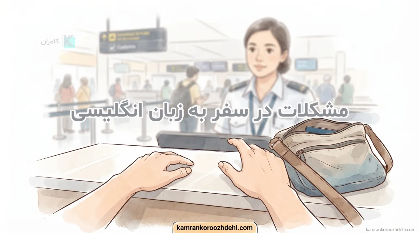 مسافر در حال گفتگو با مسئول فرودگاه برای حل مشکلات در سفر به زبان انگلیسی