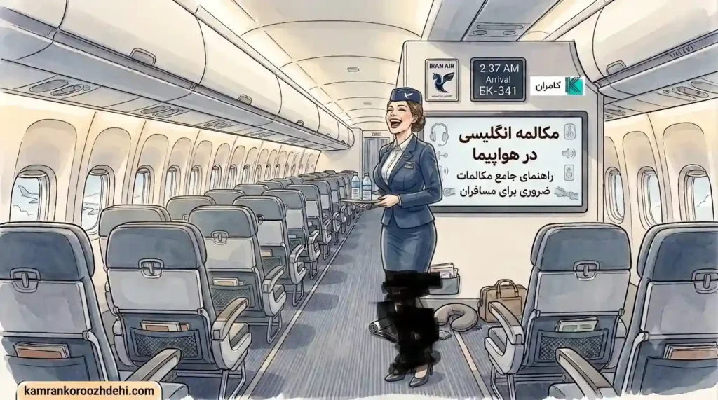 مکالمه انگلیسی در هواپیما - مهماندار ایران‌ایر در حال سرو آب به مسافران