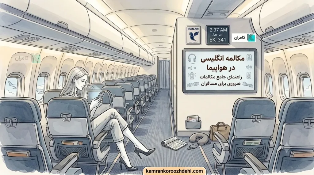 مکالمه انگلیسی در هواپیما - مسافر در حال یادگیری با گوشی موبایل