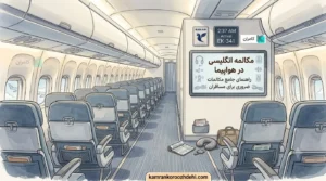 کابین هواپیما با صفحه نمایش راهنمای مکالمه انگلیسی در هواپیما