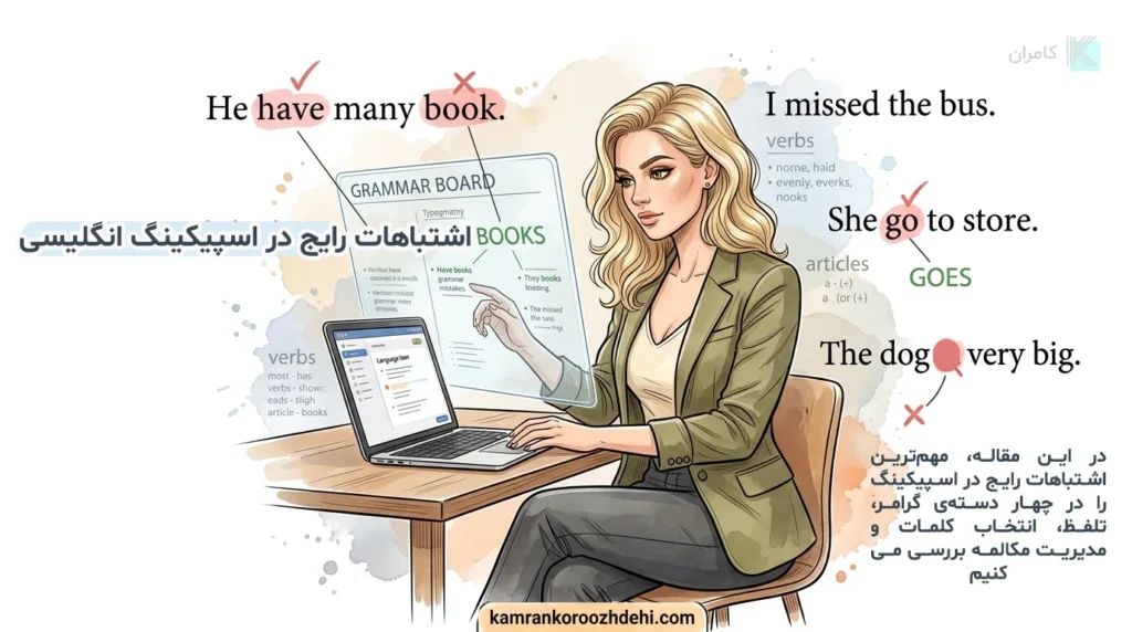 پوستر اشتباهات رایج در اسپیکینگ انگلیسی با مثال‌های گرامری مثل He have many book و She go to store و توضیح بررسی اشتباهات در چهار دسته