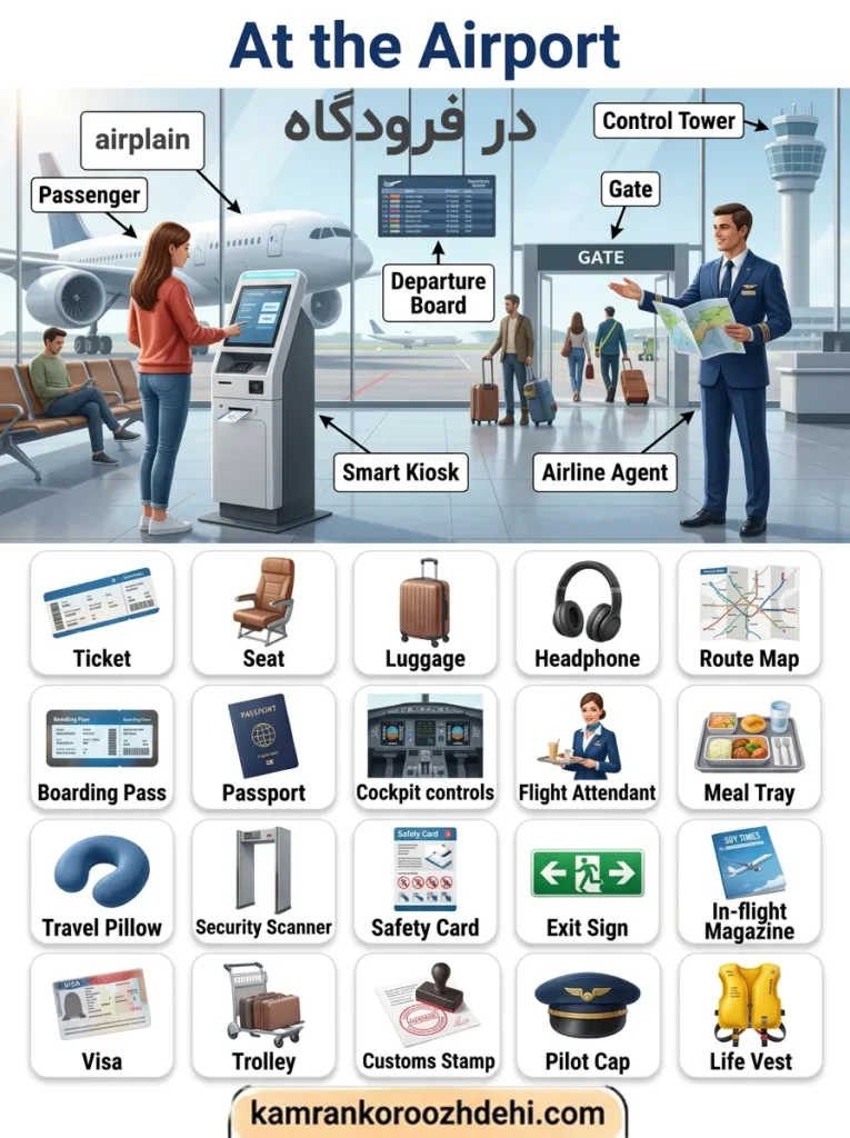 A bilingual educational airport poster titled “At the Airport / در فرودگاه,” showing a modern airport terminal scene with labeled parts like passenger, departure board, smart kiosk, gate, control tower, and airline agent, plus a 5×4 grid of 20 travel vocabulary icons such as ticket, luggage, passport, boarding pass, security scanner, and life vest.
