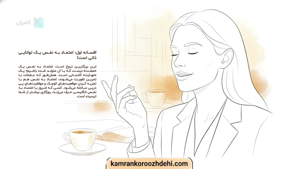 زبان‌آموزی که با مکث آگاهانه و آرامش در حال فکر کردن هنگام مکالمه انگلیسی است