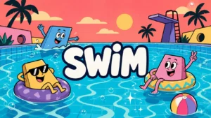 کاور آهنگ Swim از BTS با طراحی دو بعدی کارتونی دهه ۹۰، شخصیت‌های ذوزنقه‌ای در حال شنا و نوشته SWIM