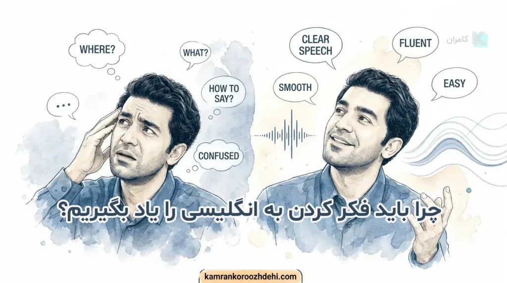 مردی که از حالت سردرگمی و مکث در صحبت کردن به حالت روان و با اعتماد به نفس می‌رسد که نشان‌دهنده مزیت فکر کردن مستقیم به انگلیسی است.