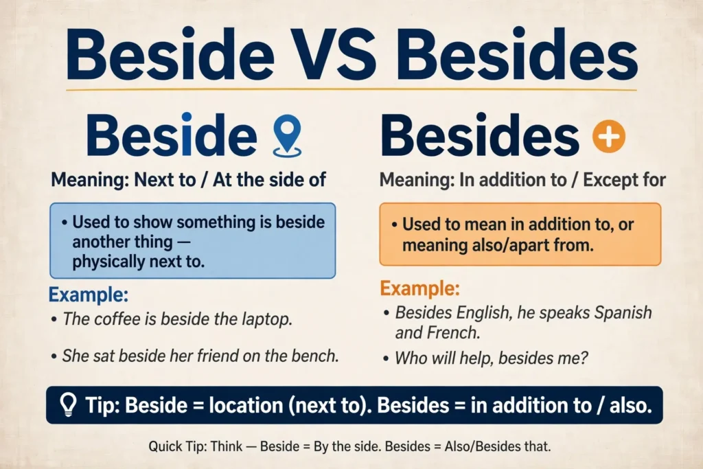 جدول آموزشی و نکات گرامری Beside vs Besides همراه با مثال