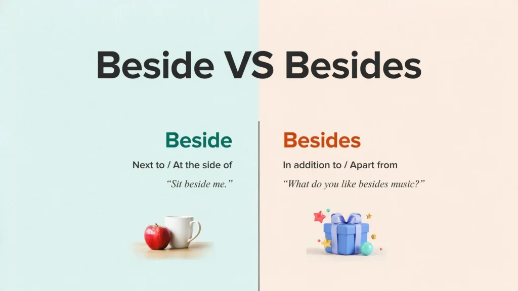 مقایسه تصویری تفاوت Beside و Besides با مثال و المانهای بصری
